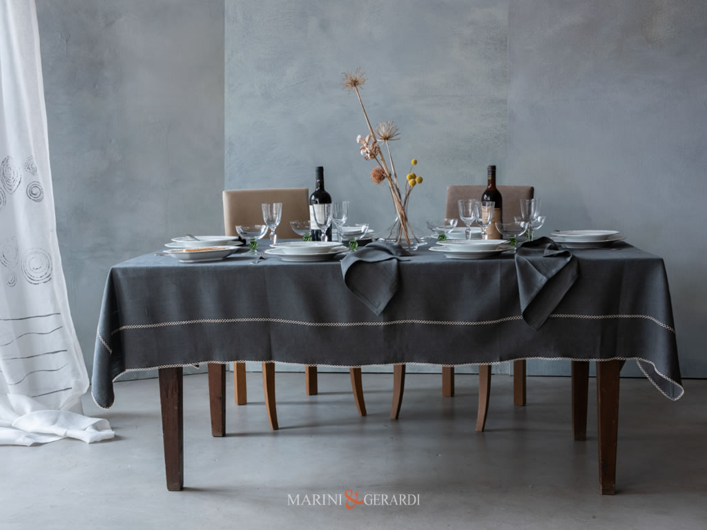 Custom Made Embroidered Linen Tablecloth In Anthracite Gray