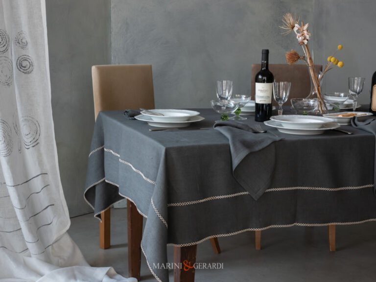 Elegant Embroidered Linen Tablecloth In Anthracite Gray