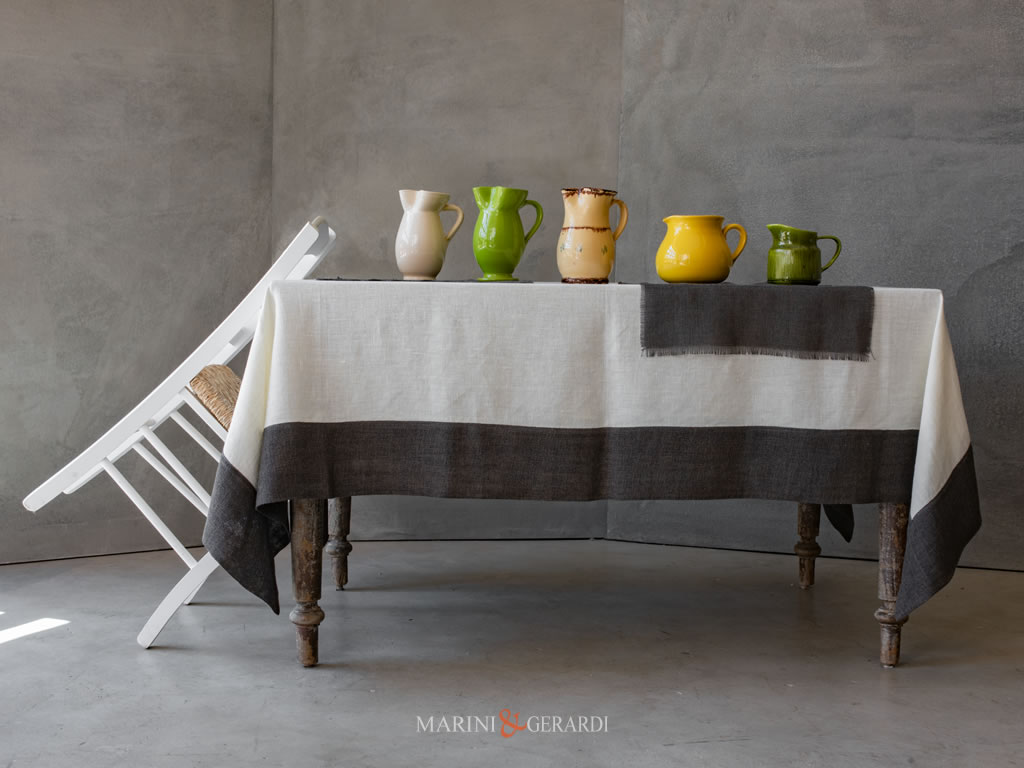 White Elegant Tablecloth In White Linen With Anthracite Border White Elegant Tablecloth In White Linen With Anthracite Border