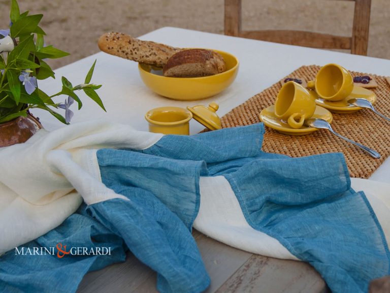 Italian Linen Tablecloths White And Turquoise Parigi