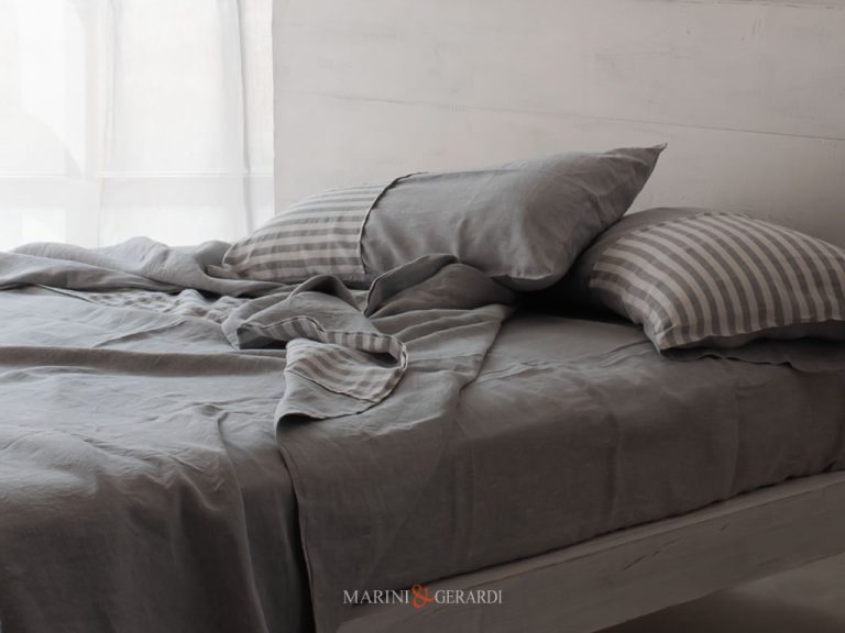 Linen Bedding Set With Striped Accents In Ash Grey
