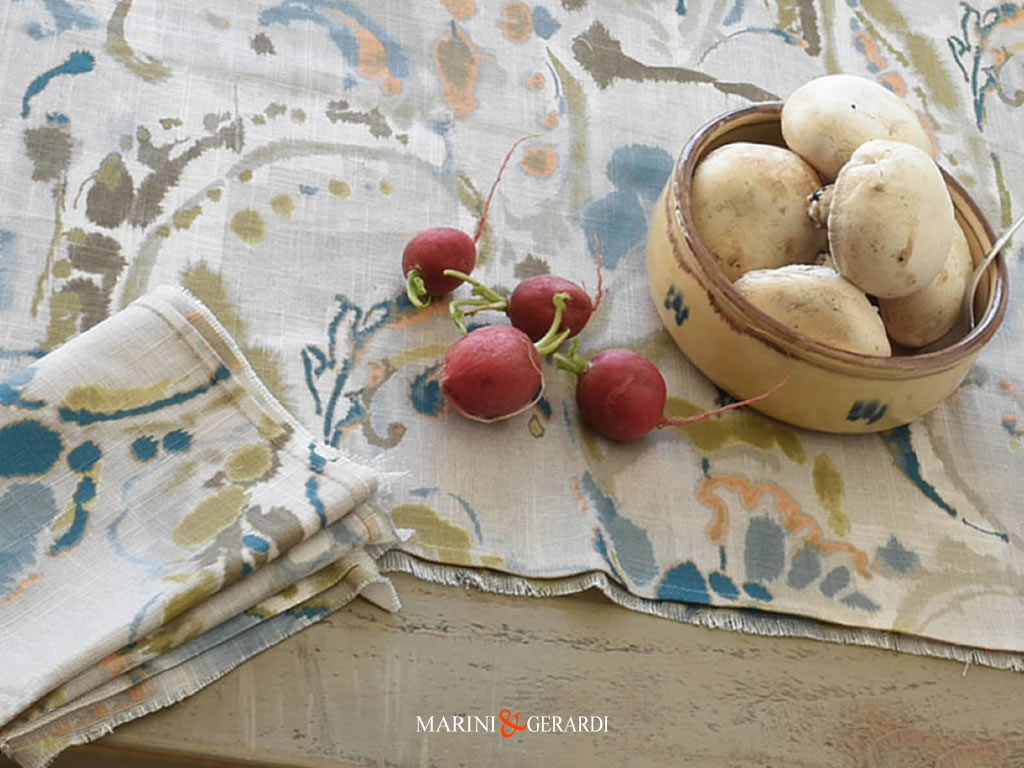 Shabby Chic Linen Table Runner With Floral Design In Cream And Blue