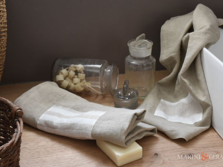 Italian Bath Linen Towel With Applications Stripe X18 Coffee Milk