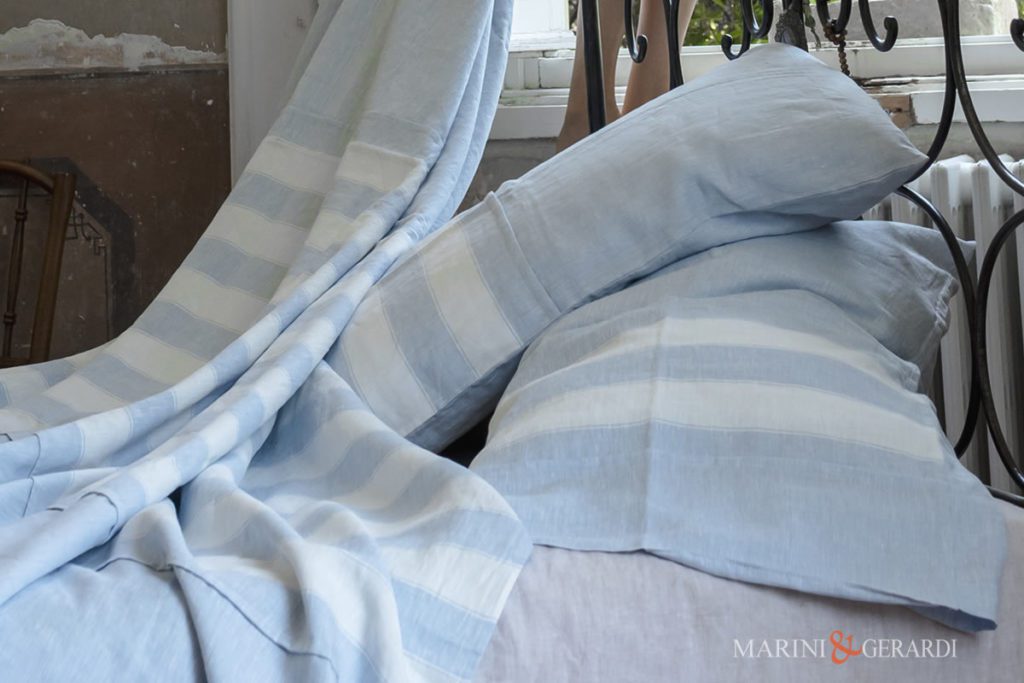 Striped Duvet Cover Cerulean Blue Linen Crafted In Italy